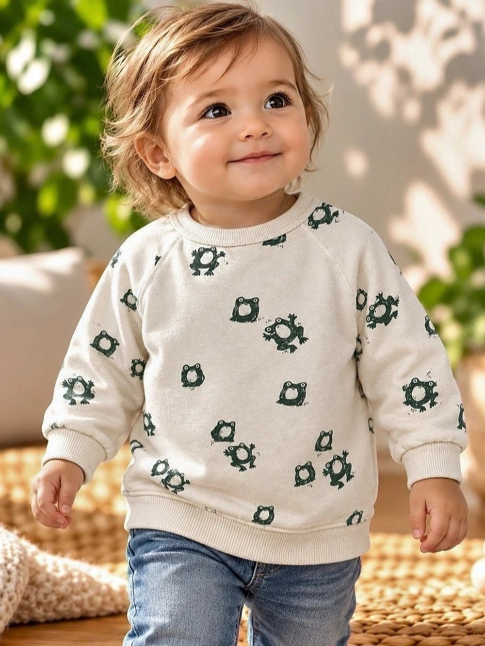 Zara Baby Frog Print Sweatshirt 9-12M Green & Cream Organic Cotton 🐸